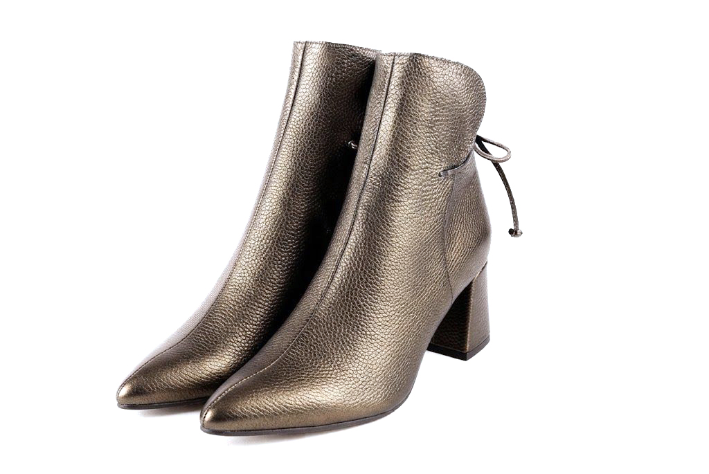 Women's bronze back lace-up ankle boots with almond toe and mid flared heel - Front view